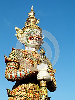 Green guardian statue is one of Bangkok's famous landmarks in the Temple of Dawn(Wat Arun)