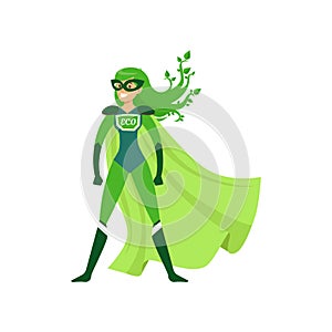 Green-haired girl superhero standing in proud pose