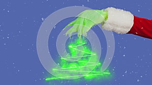 Green hairy Grinch hand and Christmas tree graphic on isolated blue background. A place for your advertisement. Gift