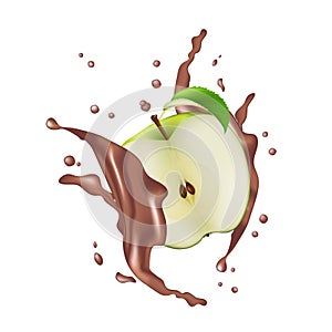 Green Half Apple Fruit Milk Chocolate Juice Yogurt Splash Illustration Isolated On White. Realistic Packaging Design Template