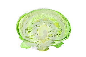 Green half head of cabbage on white background isolated close up, cutted piece of ripe white cabbage, sliced Brussels sprouts