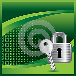 Green halftone banner with lock and key