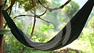 Green hammock flutters in the wind with the jungle in the background