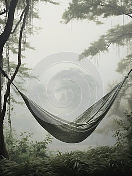 Green hammock in a misty forest. Quiet place to relax, take a break, have an afternoon nap, or meditate. Generative AI