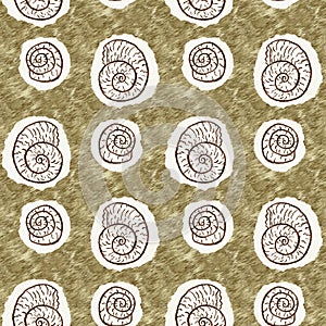 Green hand drawn ammonite fossil seamless pattern. Gender Neutral Jurassic silhouette. Home decor for museum, extinction