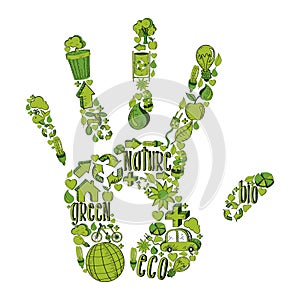 Green hand with environmental icons