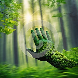 Green hand in the forest with sunlight