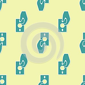 Green Hand holding money icon isolated seamless pattern on yellow background. Dollar or USD symbol. Cash Banking