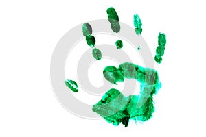 Green hand print of a child isolated on white background. Watercolor paints. Children paint traces from hands and fingers. Paint