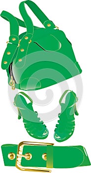 Green handbag ,belt and shoes