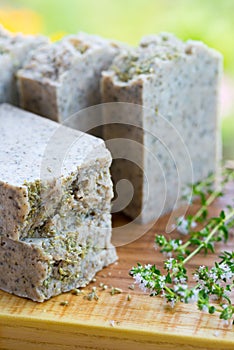 Green handmade scrub soap closeup with wormwood and thyme.