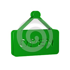 Green Hanging sign with text Open door icon isolated on transparent background.