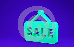 Green Hanging sign with text Sale icon isolated on blue background. Signboard with text Sale.  3d illustration 3D render