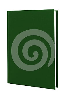 Green hardcover book upright on white with clipping path