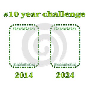 Green hashtag challenge. Decade comparison Vector. Nature growth representation. Year icons 2014 2024.