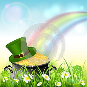 Patrick Day Rainbow on Blue Nature Background with Gold and Hat