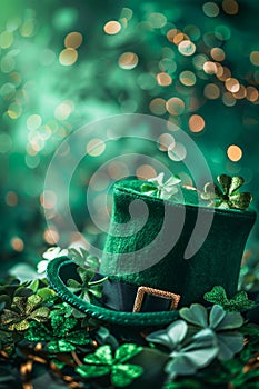 Green Hat and Clover Leaves Spread on a Textured Background for St. Patricks Day Celebration