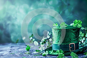 Green Hat and Clover Leaves Spread on a Textured Background for St. Patricks Day Celebration