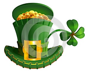 Green hat full gold coin and luck leaf clover. St. Patrick`s Day symbol accessory