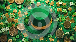 Green hat, or St. Patrick\'s Day hat, placed on top of pile of coins and shamrocks. There are also several other hats in