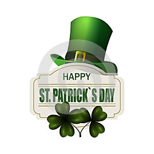 Green hat. Two leaf clover. Happy St. Patrick s Day inscription. Isolated on white background. illustration