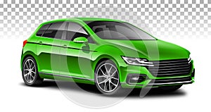 Green hatchback generic car. City car with glossy surface on white background.