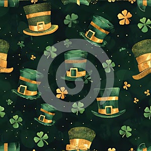 Green hats and clovers as abstract background, wallpaper, banner, texture design with pattern - vector. Green c