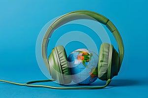 Green headphone on globe, vibrant blue backdrop symbolizes global music appreciation Harmony and unity