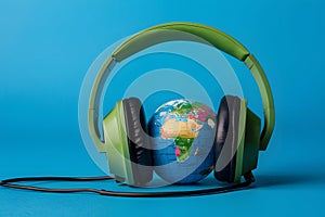 Green headphone on globe, vibrant blue backdrop symbolizes global music appreciation Harmony and unity