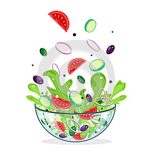 Green healthy vegetable salad. Glass bowl fresh organic food Vector illustration tomato cucumber onion lettuce olive pepper