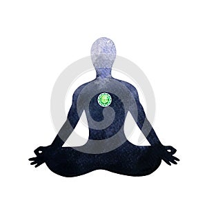 Green heart chakra human lotus pose yoga, abstract inside your mind