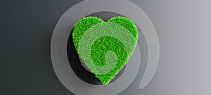 Green heart made of grass isolated on black background, concept of love for ecology, preservation, organic production