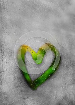 Green heart painted on sweaty glass, there are many drops on it, inscription heart and love on wet autumn foggy glass