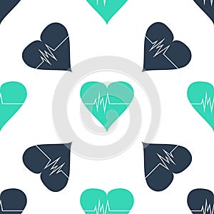 Green Heart rate icon isolated seamless pattern on white background. Heartbeat sign. Heart pulse icon. Cardiogram icon. Vector