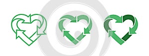 Green heart shape symbol with arrows. Recycle logo