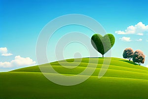 Green heart shaped tree on the hill background. Love concept.
