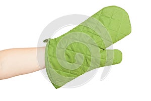 Green heat protective mitten on a female hand
