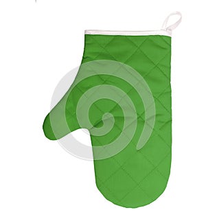 Green heat protective mitten isolated on white background.