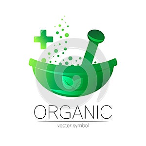 Green herbal bowl with cross vector logotype. Concept symbol for medical, clinic, pharmacy business or shop. Nature