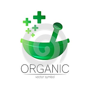 Green herbal bowl vector logotype and few cross. Concept symbol for medical, clinic, pharmacy business or shop. Nature