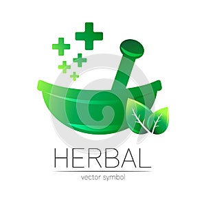 Green herbal bowl vector logotype with green leaf and cross. Concept symbol for medical, clinic, pharmacy business or