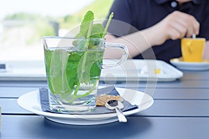 Green herbal tea with fresh mint leaves