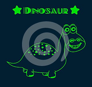 Green herbivorous dinosaur with big smile and spots and stars on dark poster background