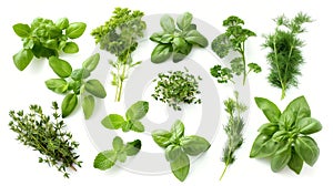 Green herbs set on white. Rosemary, mint, oregano, basil, sage, parsley, dill, leaves. Herbal seasoning ingredients