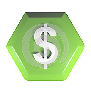 Green hexagon Dollar Push button - 3D rendering illustration