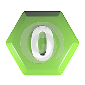 Number 0 green hexagonal push button - 3D rendering illustration