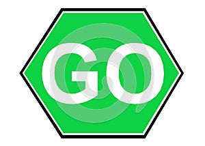 A green hexagonal shaped white font go signage symbol sign