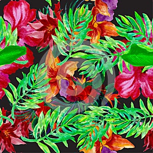 Green Hibiscus Foliage. Orange Flower Decor. Red Watercolor Decor. Purple Floral Background. Yellow Seamless Illustration. Pink Pa