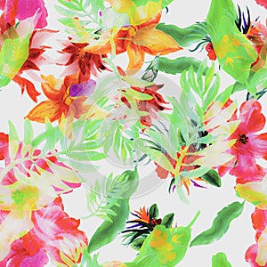 Green Hibiscus Foliage. Yellow Flower Design. Pink Watercolor Backdrop. Red Floral Set. Colorful Seamless Wallpaper. Orange Patter