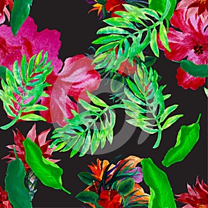 Green Hibiscus Jungle. Yellow Flower Backdrop. Orange Watercolor Leaves. Purple Floral Textile. Red Seamless Illustration. Pink Pa
